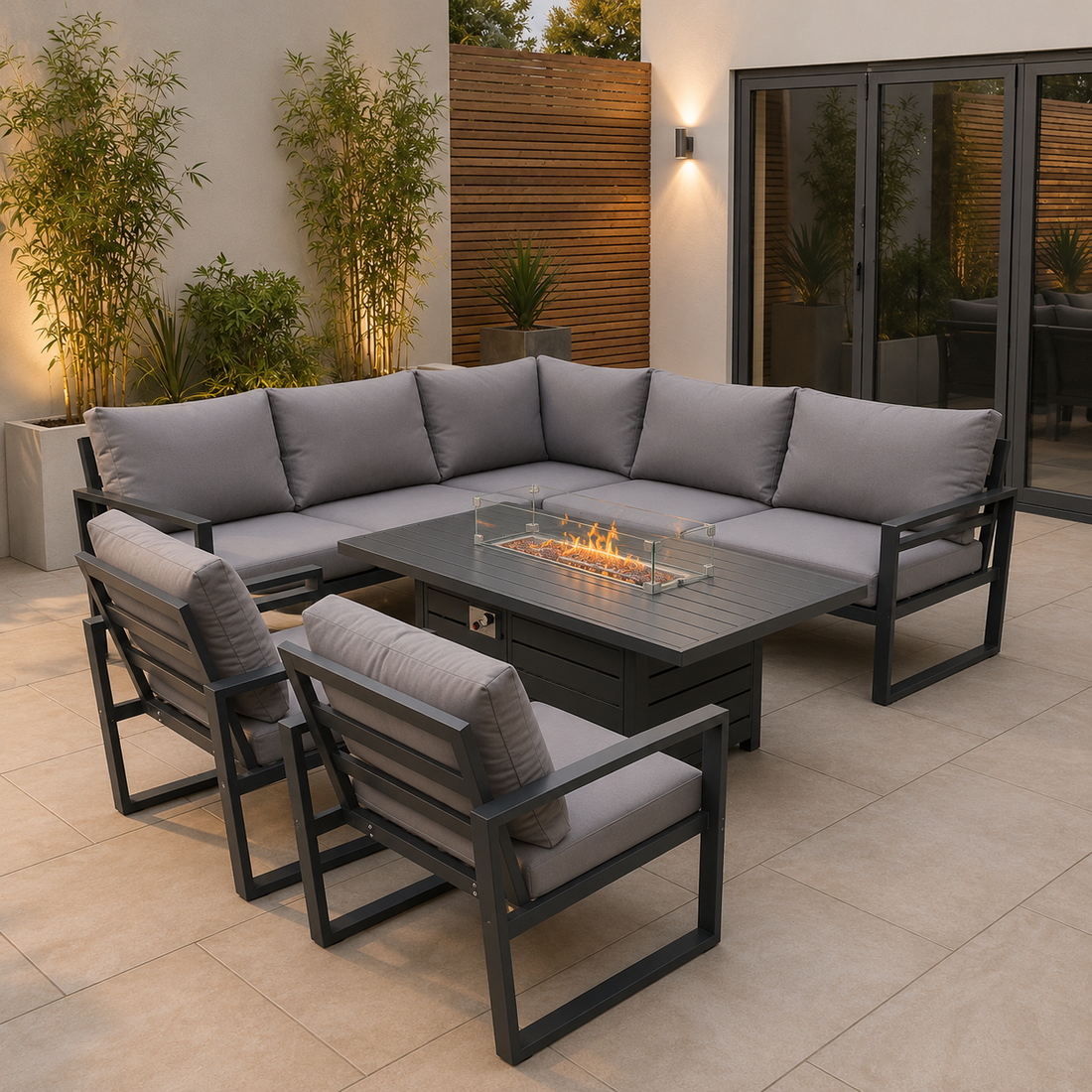 Aluminum Outdoor Garden Furniture Corner Sofa 2 PC Chairs Gas Fire Pit Dining Table Sets Gas Heater Burner Dark Grey 9 Seater
