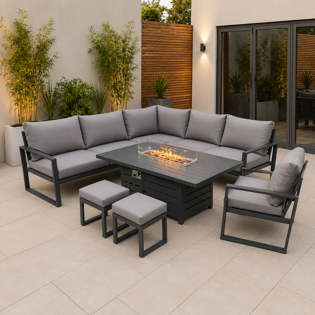 Aluminum Outdoor Garden Furniture Corner Sofa Chair Gas Fire Pit Dining Table Sets 2 Stools Gas Heater Burner Dark Grey 10 Seater