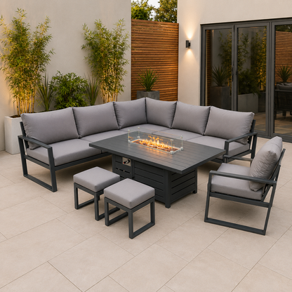 Aluminum Outdoor Garden Furniture Corner Sofa Chair Gas Fire Pit Dining Table Sets 2 Stools Gas Heater Burner Dark Grey 10 Seater