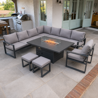 Aluminum Outdoor Garden Furniture Corner Sofa Chair Gas Fire Pit Dining Table Sets Gas Heater Burner Dark Grey 8 Seater