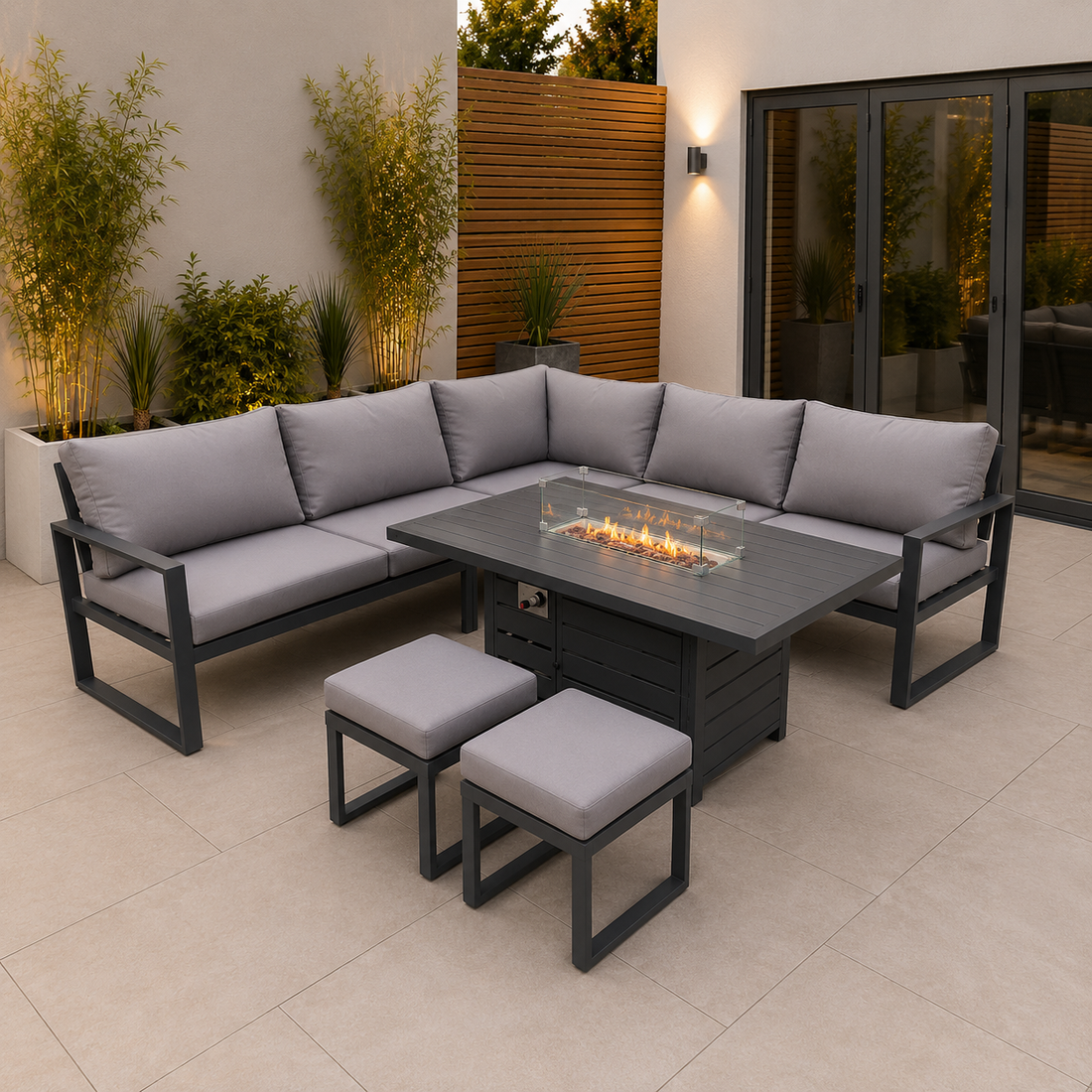 Aluminum Outdoor Garden Furniture Corner Sofa Gas Fire Pit Dining Table Sets 2 PC Stools Gas Heater Burner Dark Grey 9 Seater