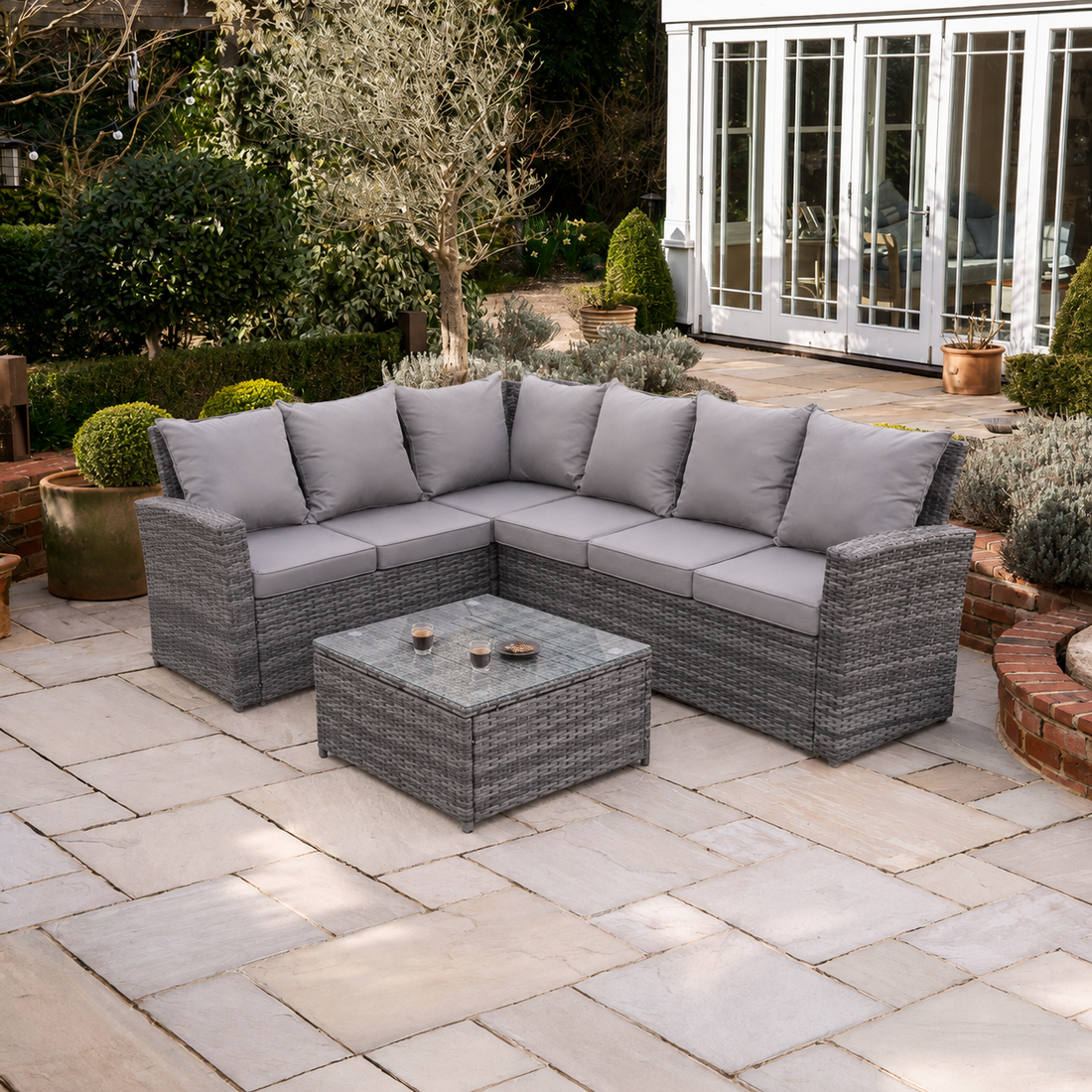 High Back Left Rattan Sofa Set Square Table Outdoor Garden Furniture