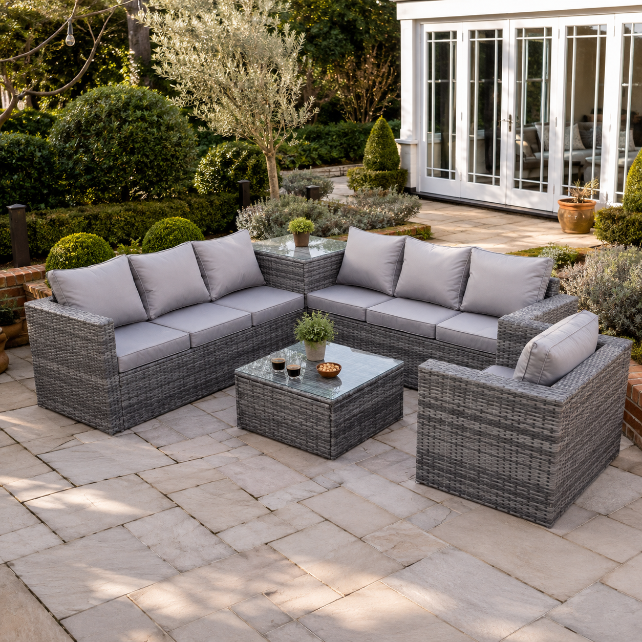 7 Seater Grey Rattan Corner Sofa Set 2 Coffee Table Chair Garden Furniture Outdoor