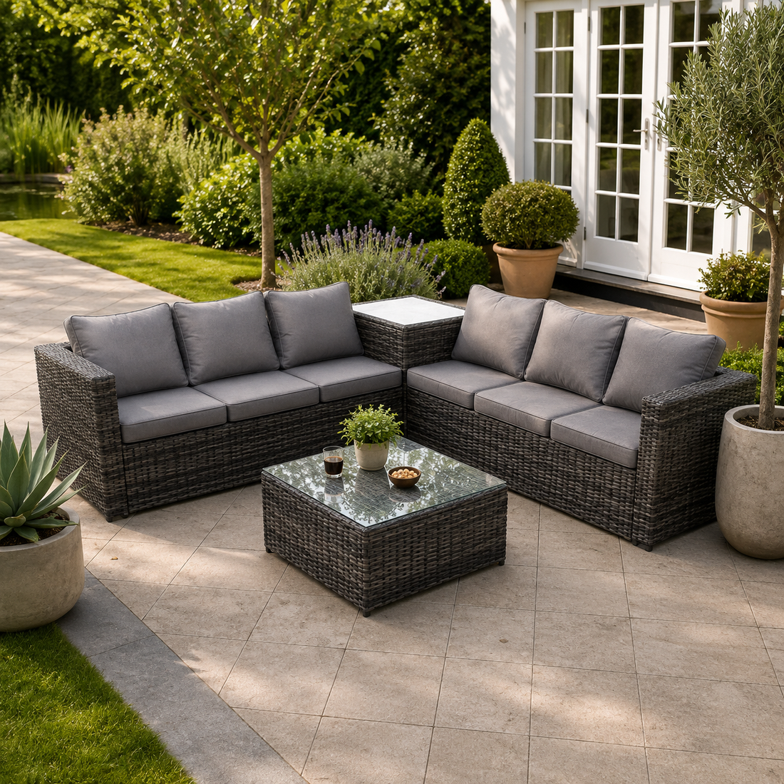 6 Seater Grey Rattan Corner Sofa Set 2 Tables Garden Furniture Outdoor