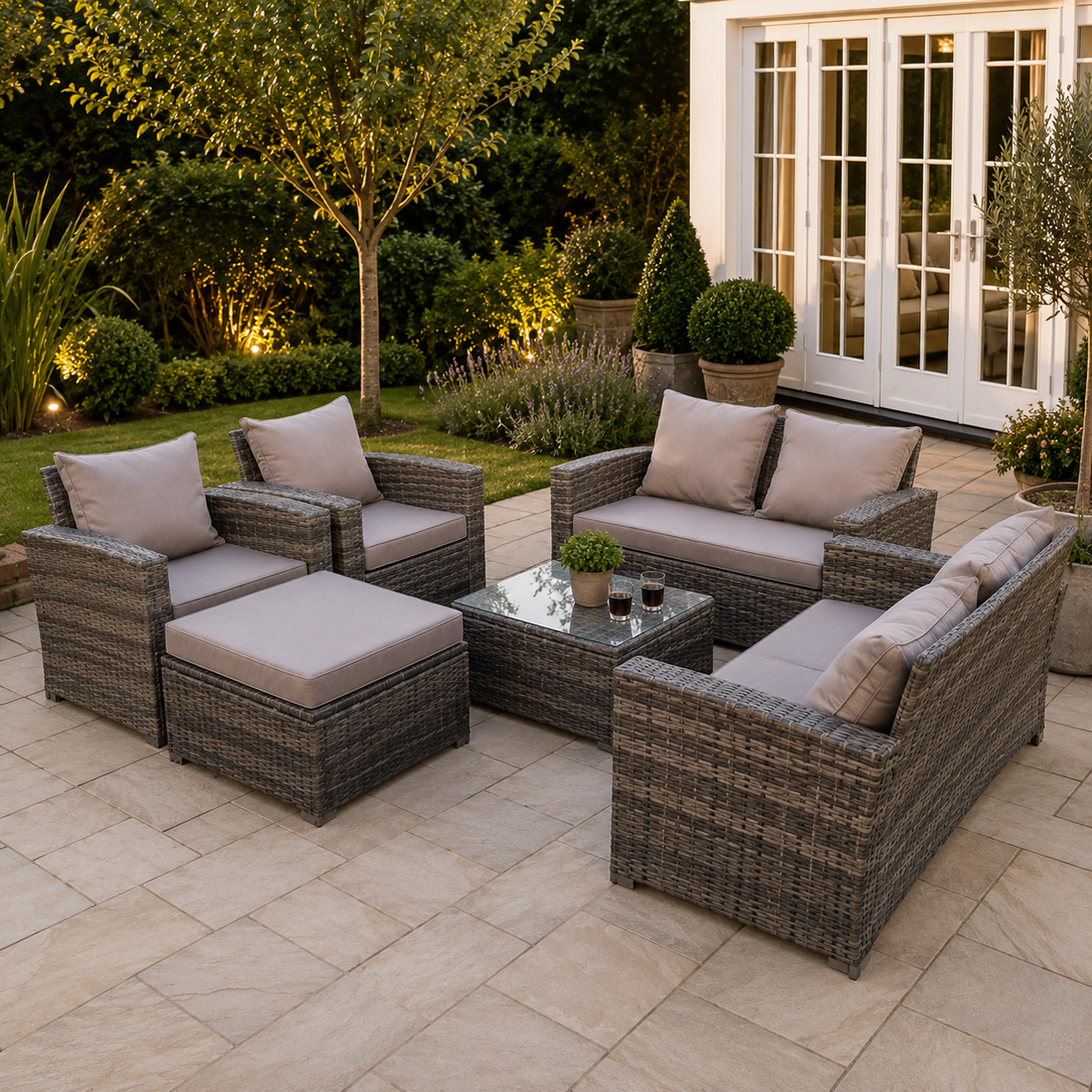 High Back Dark Mixed Grey Rattan Sofa Set Outdoor Furniture Square Coffee Table Big Footstool Chairs 2 Seater Love Sofa 7 Seater