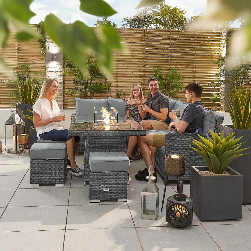 Cambridge Rattan Rising Table Cambridge L-Shaped Corner Rattan Lounge Dining Set with 3 Stools - Lef ...