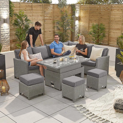 Ciara L-Shaped Corner Rattan Lounge Dining Set with 3 Stools - Right Handed Rising Table in White Wash