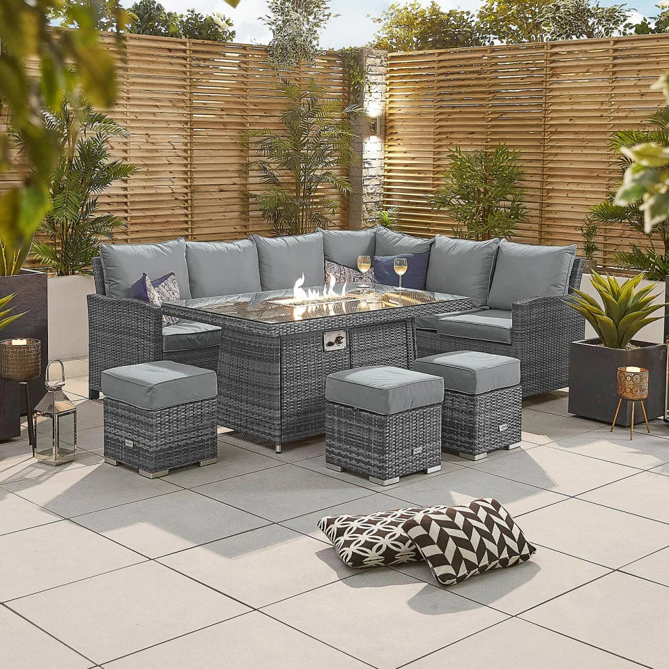 Cambridge L-Shaped Corner Rattan Lounge Dining Set with 3 Stools - Right Handed Gas Fire Pit Table in Grey Rattan