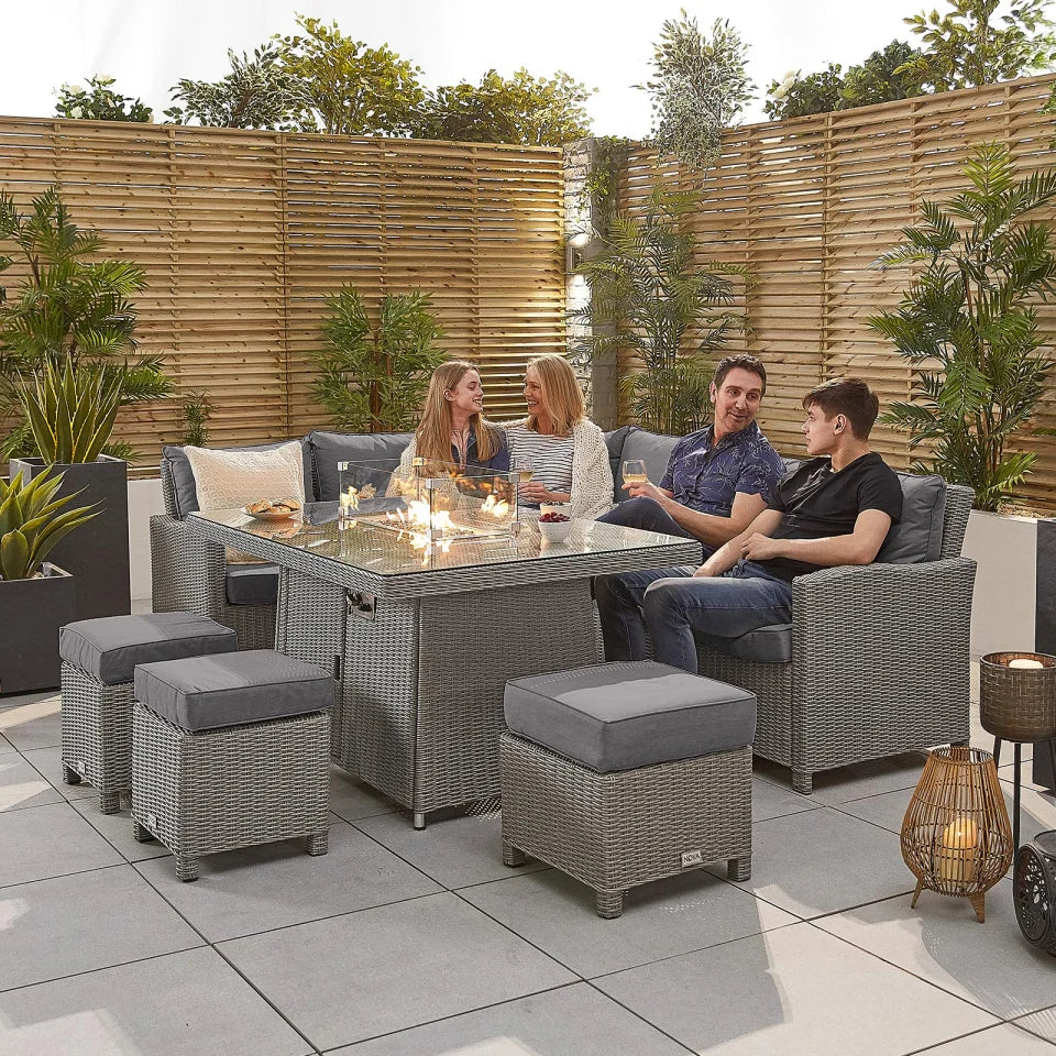 Ciara L-Shaped Corner Rattan Lounge Dining Set with 3 Stools - Left Handed Gas Fire Pit Table in White Wash