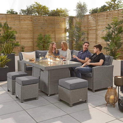 Ciara L-Shaped Corner Rattan Lounge Dining Set with 3 Stools - Left Handed Gas Fire Pit Table in White Wash