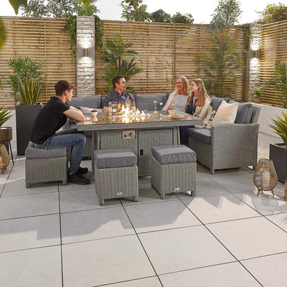 Ciara L-Shaped Corner Rattan Lounge Dining Set with 3 Stools - Right Handed Gas Fire Pit Table in White Wash