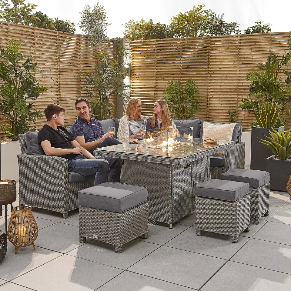 Ciara L-Shaped Corner Rattan Lounge Dining Set with 3 Stools - Right Handed Gas Fire Pit Table in White Wash