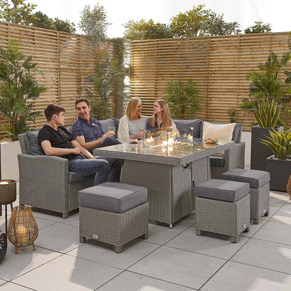 Ciara L-Shaped Corner Rattan Lounge Dining Set with 3 Stools - Right Handed Gas Fire Pit Table in White Wash