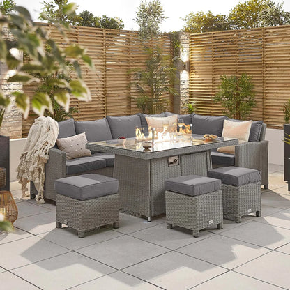 Ciara L-Shaped Corner Rattan Lounge Dining Set with 3 Stools - Right Handed Gas Fire Pit Table in White Wash