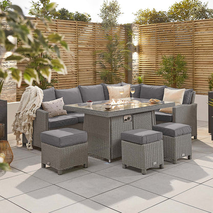 Ciara L-Shaped Corner Rattan Lounge Dining Set with 3 Stools - Right Handed Gas Fire Pit Table in White Wash
