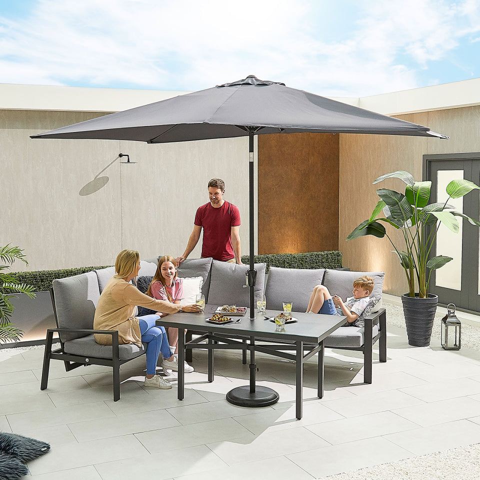 Enna L-Shaped Corner Aluminium Lounge Dining Set - Left Handed Parasol Hole Table in Graphite Grey