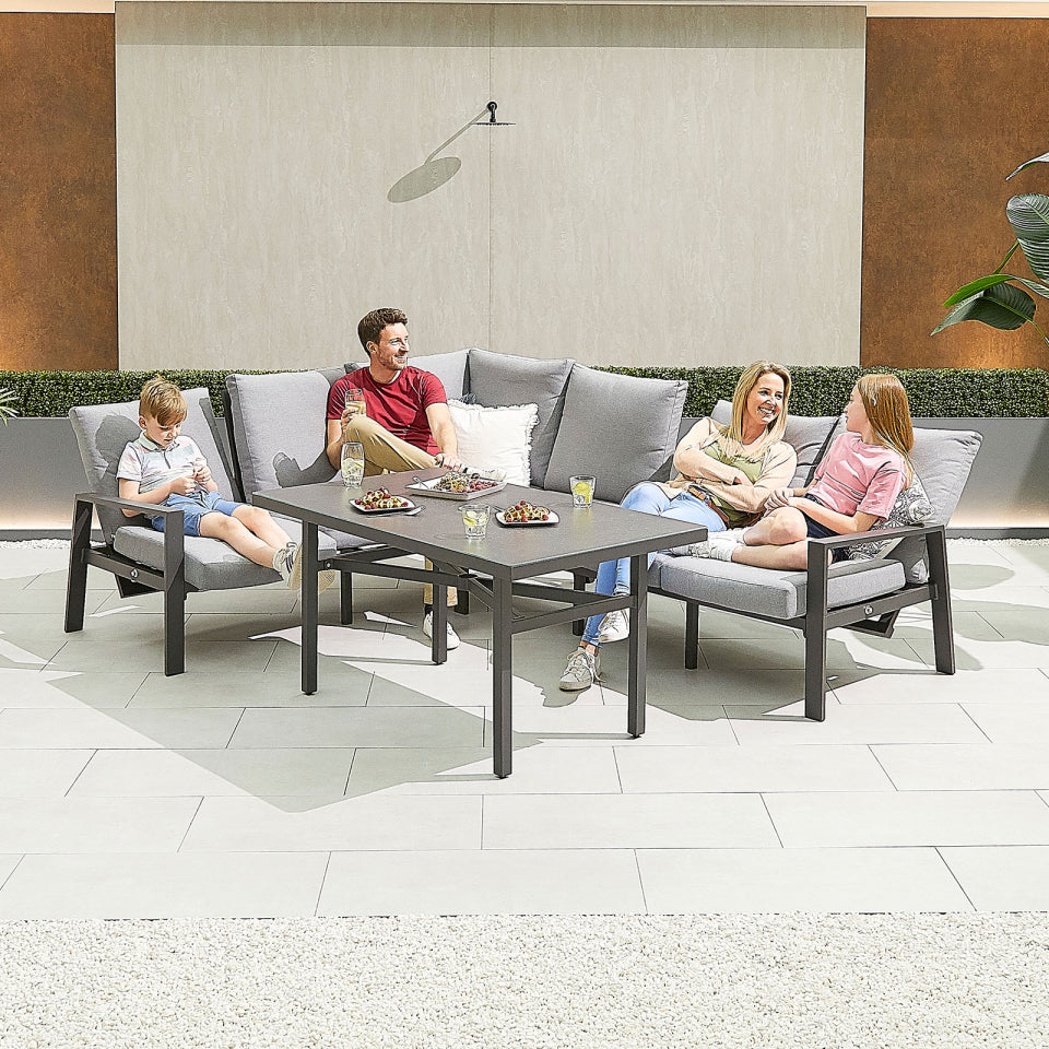 Enna L-Shaped Corner Aluminium Lounge Dining Set - Left Handed Parasol Hole Table in Graphite Grey