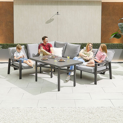 Enna L-Shaped Corner Aluminium Lounge Dining Set - Left Handed Parasol Hole Table in Graphite Grey