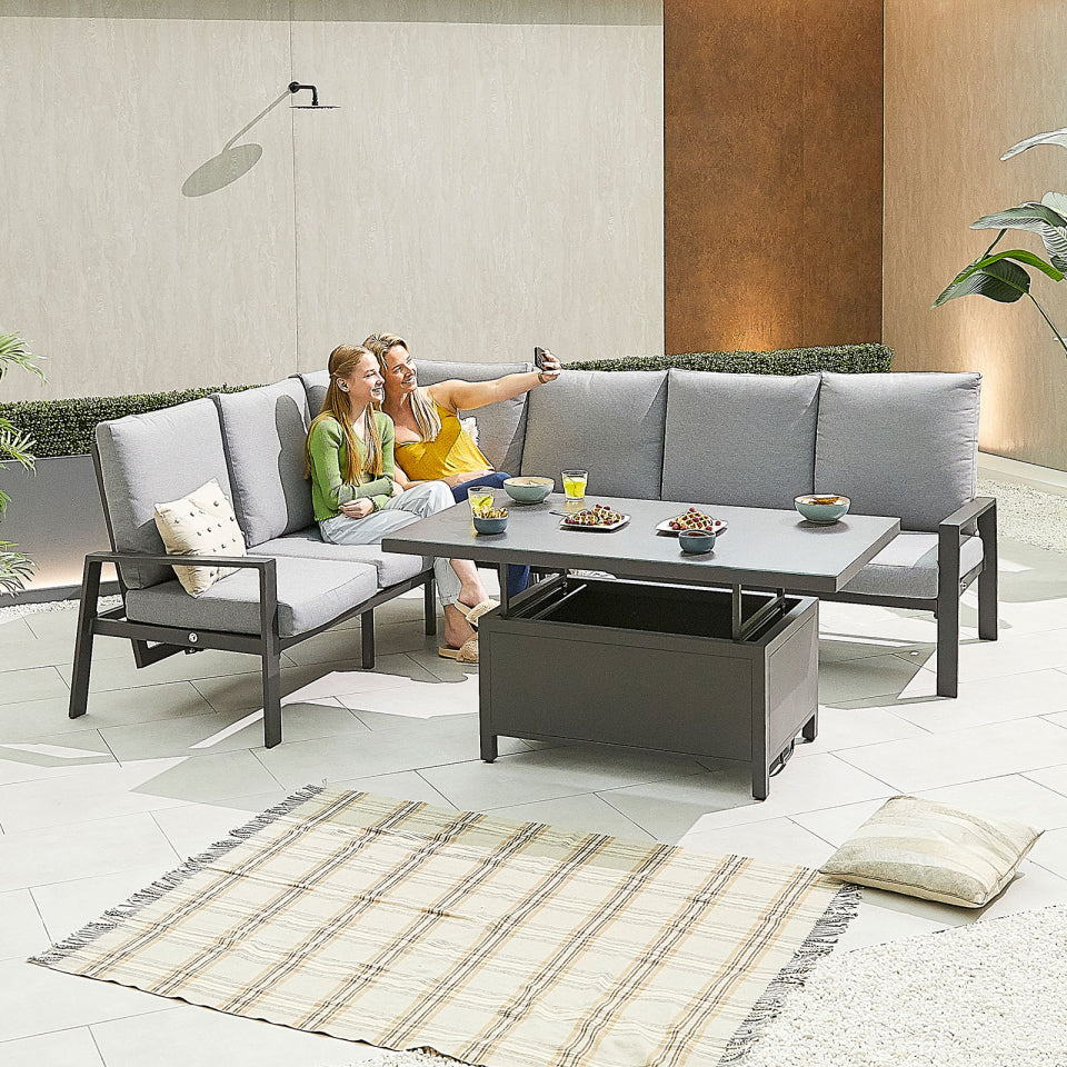 Enna L-Shaped Corner Aluminium Lounge Dining Set - Left Handed Rising Table in Graphite Grey