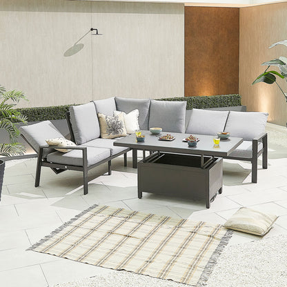 Enna L-Shaped Corner Aluminium Lounge Dining Set - Left Handed Rising Table in Graphite Grey