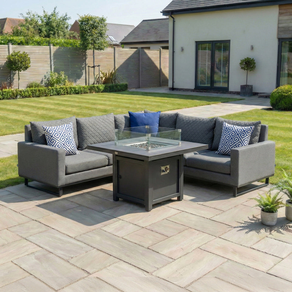 Eclipse Deluxe Corner All Weather Fabric Aluminium Lounge Dining Set - Gas Fire Pit Table in Ash Grey