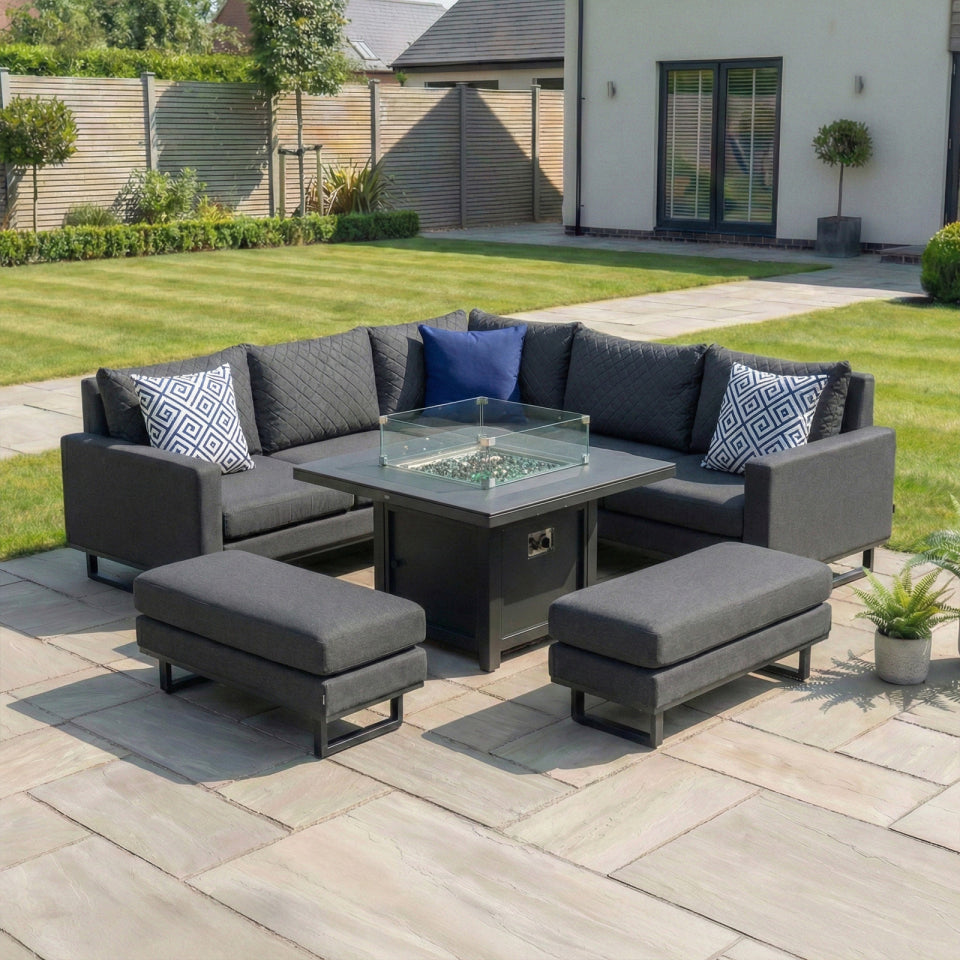 Eclipse Deluxe Corner All Weather Fabric Aluminium Lounge Dining Set with 2 Benches - Gas Fire Pit Table in Charcoal Grey
