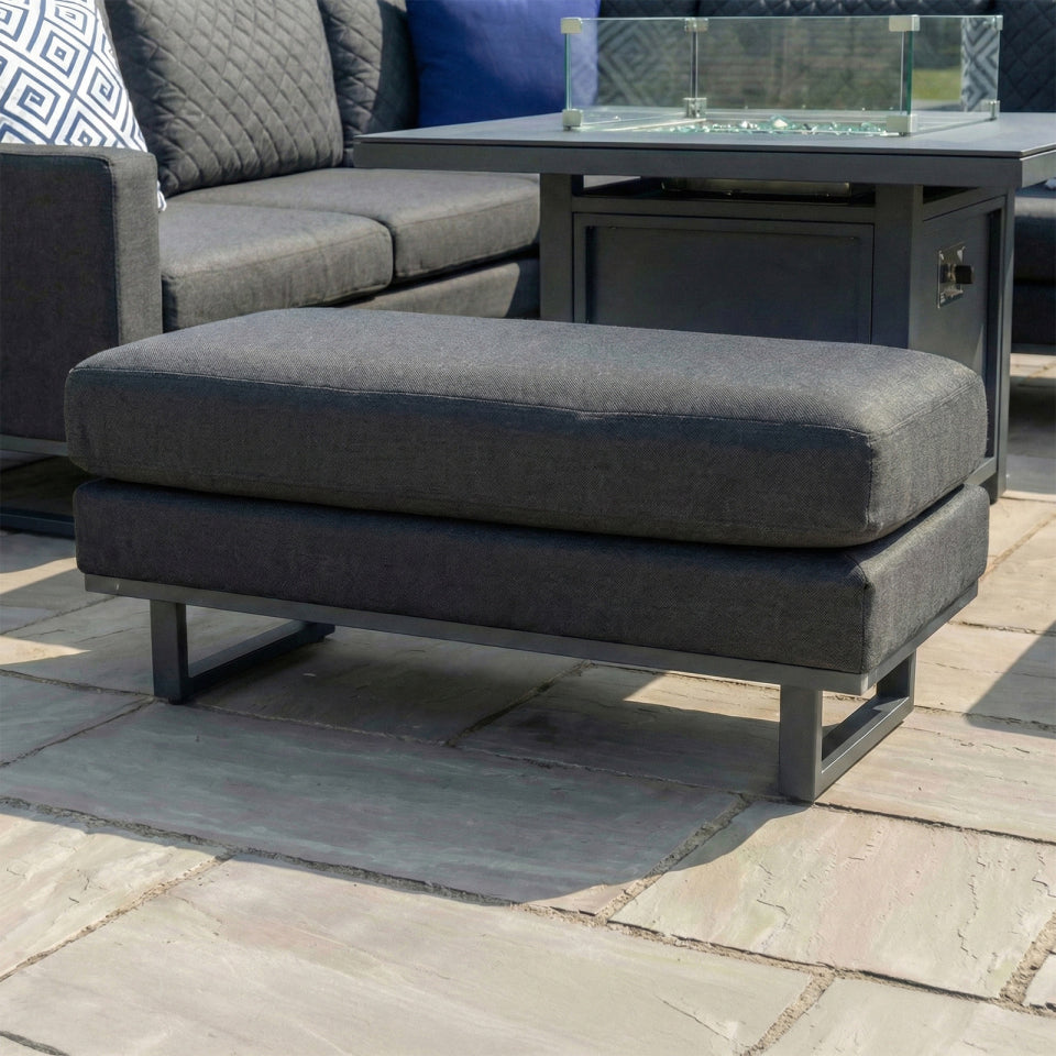 Eclipse Deluxe Corner All Weather Fabric Aluminium Lounge Dining Set with 2 Benches - Gas Fire Pit Table in Charcoal Grey