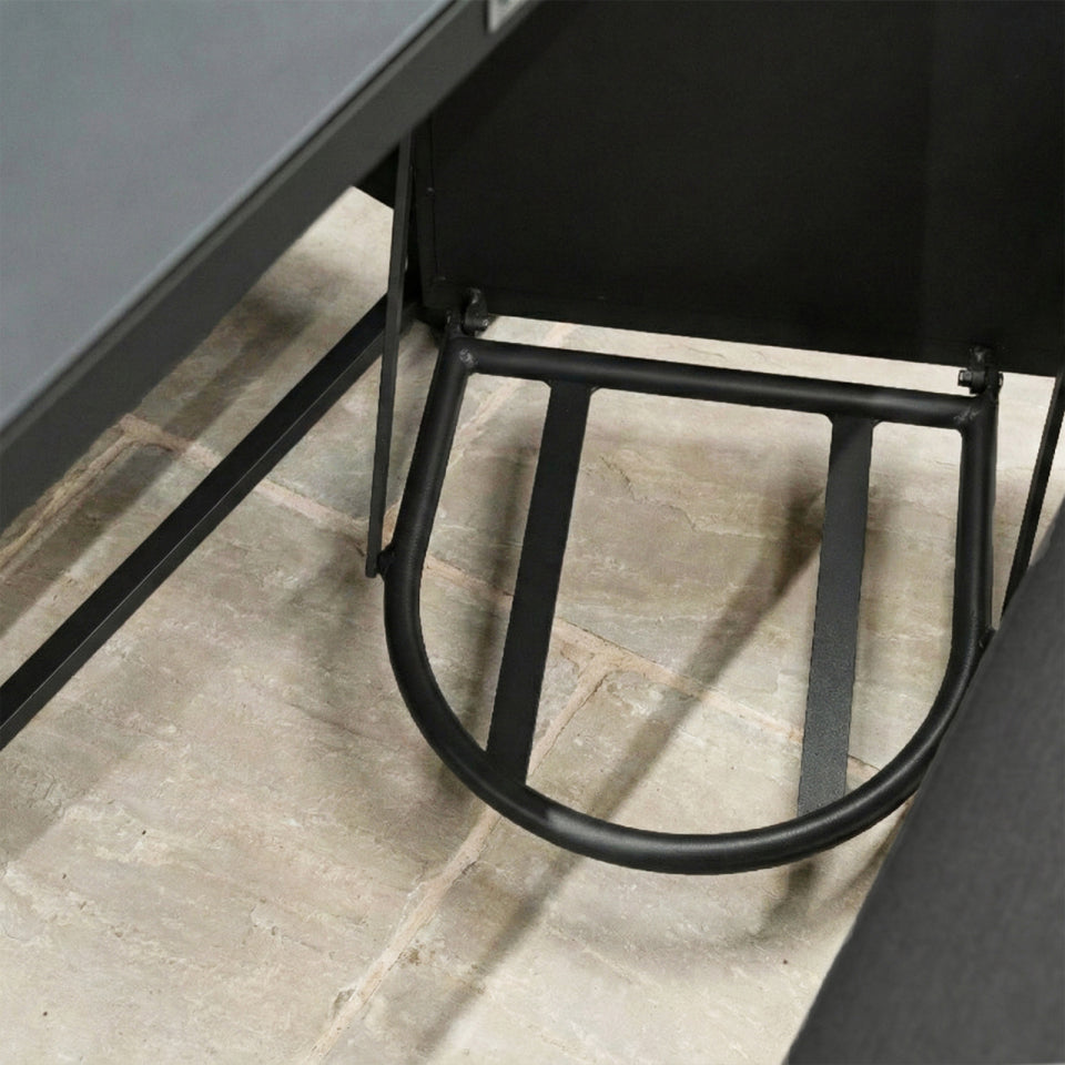 Eclipse Deluxe Corner All Weather Fabric Aluminium Lounge Dining Set with 2 Benches - Gas Fire Pit Table in Charcoal Grey