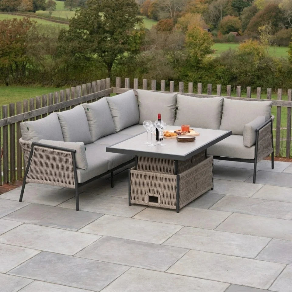 Sophia L-Shaped Corner Rattan Aluminium Lounge Dining Set - Right Handed with Rising Table in Mottled Grey