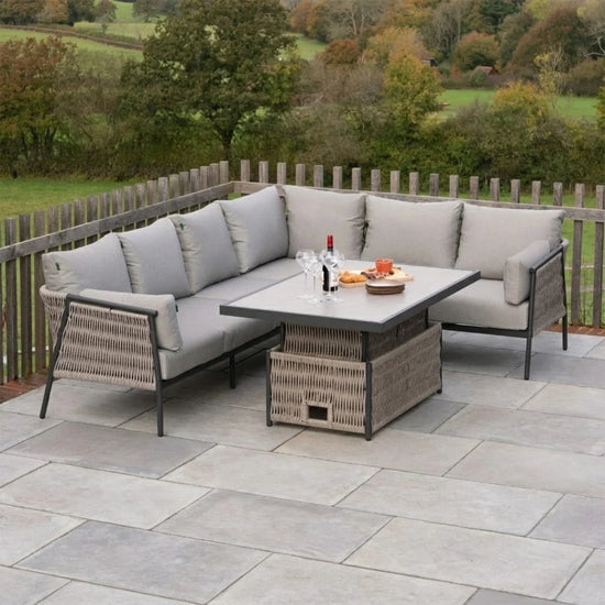 Sophia L-Shaped Corner Rattan Aluminium Lounge Dining Set - Right Handed with Rising Table in Mottled Grey