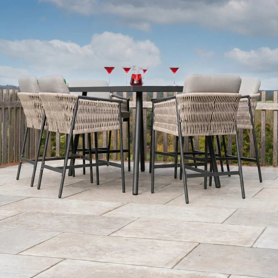Sophia 6 Seat Rattan Aluminium High Dining Set - Rectangular Table in Mottled Grey