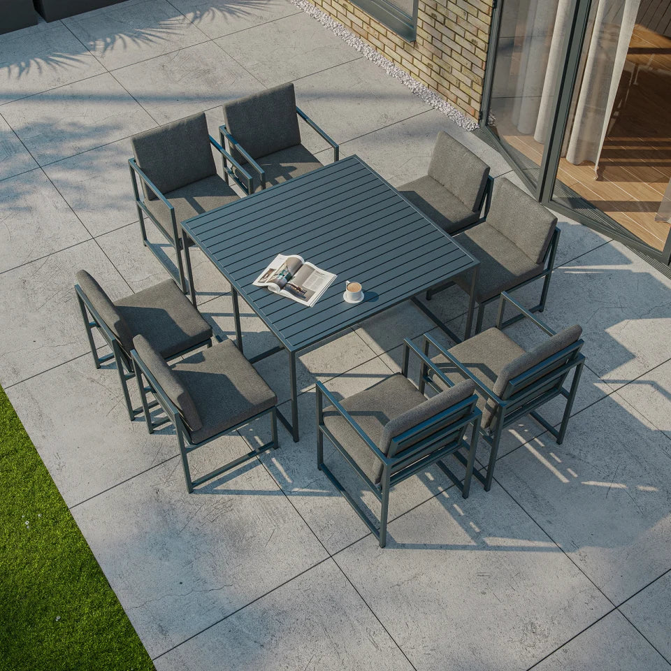 Phoebe 8 Seat Aluminium Cube Dining Set with 4 Chairs and 4 Side Chairs - Square Table in Graphite Grey