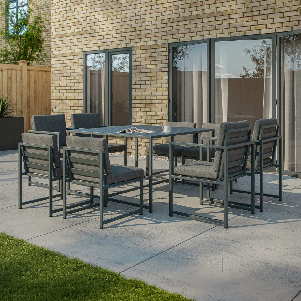 Phoebe 8 Seat Aluminium Cube Dining Set with 4 Chairs and 4 Side Chairs - Square Table in Graphite Grey
