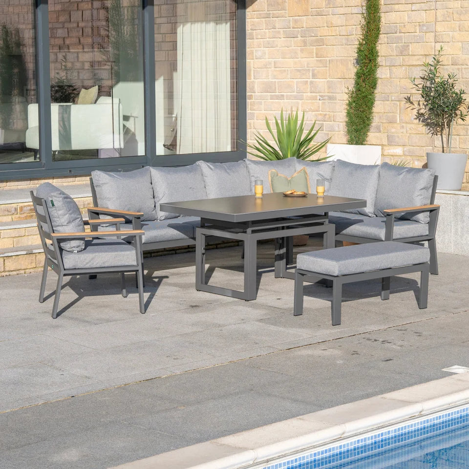 Felix L-Shaped Corner Aluminium Wood Lounge Dining Set - Rising Table in Graphite Grey