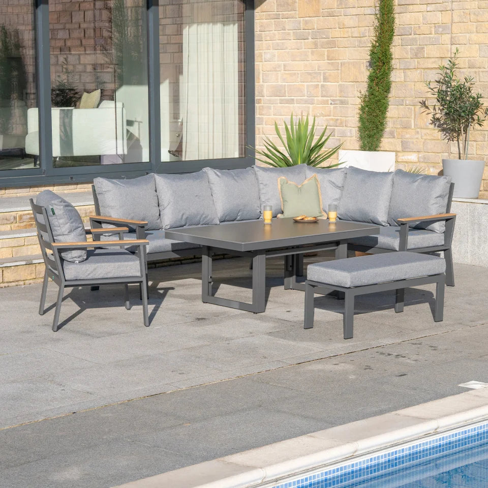 Felix L-Shaped Corner Aluminium Wood Lounge Dining Set - Rising Table in Graphite Grey
