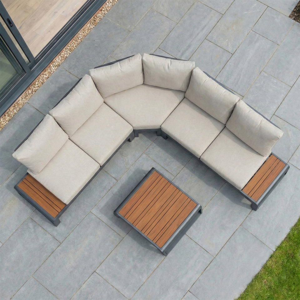 Maddox Aluminium Wood Look Curved Corner Sofa Lounging Set in Graphite Grey