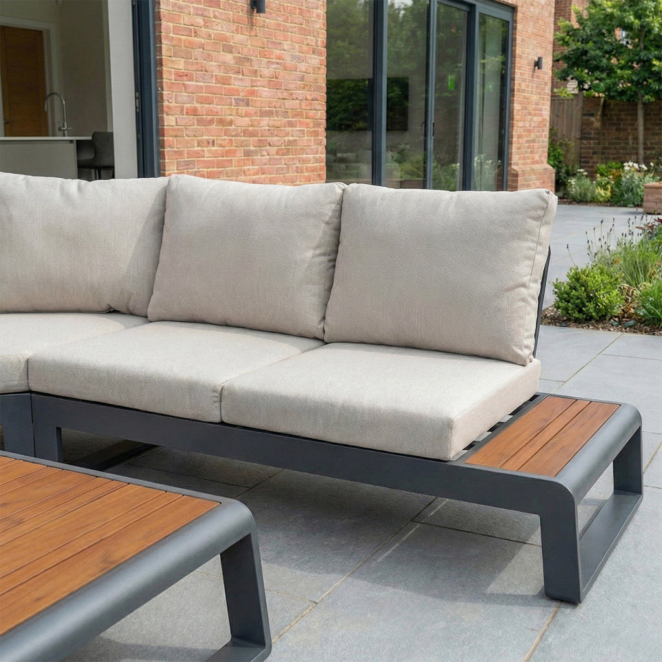 Maddox Aluminium Wood Look Curved Corner Sofa Lounging Set in Graphite Grey