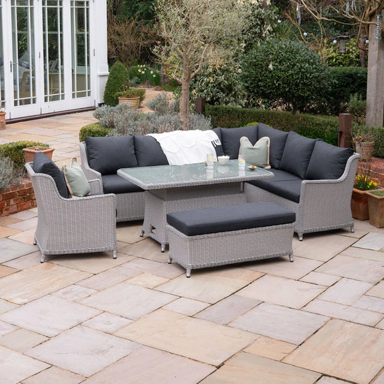 Talia L-Shaped Corner Rattan Lounge Dining Set with Armchair and Bench - Rising Table