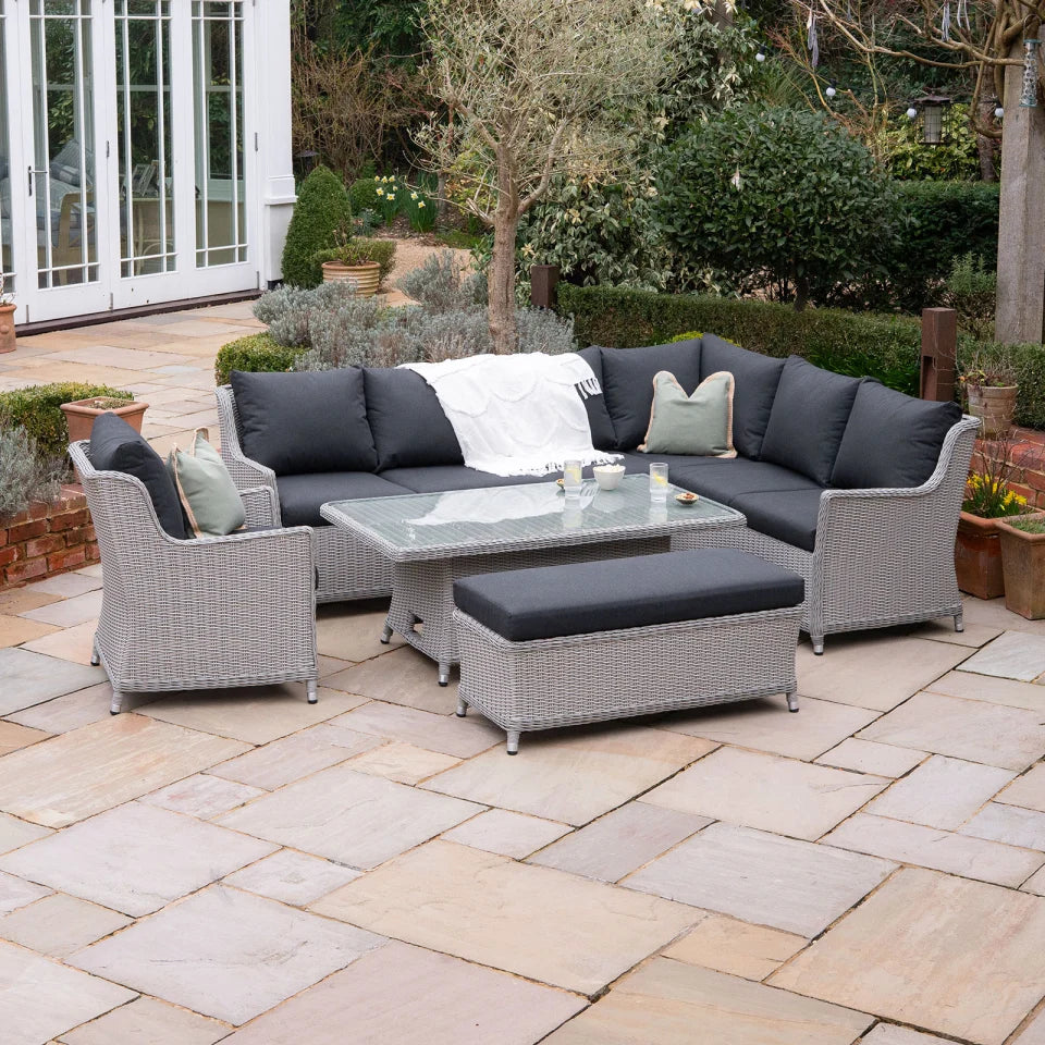 Talia L-Shaped Corner Rattan Lounge Dining Set with Armchair and Bench - Rising Table