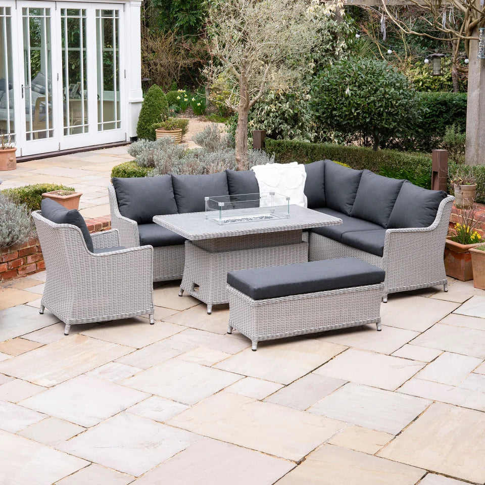 Talia L-Shaped Corner Rattan Lounge Dining Set with Armchair and Bench - Right Handed Rising Gas Fire Pit Table in White Wash