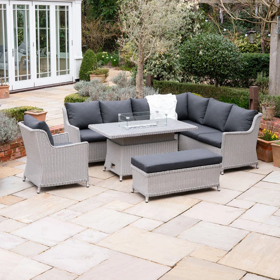 Talia L-Shaped Corner Rattan Lounge Dining Set with Armchair and Bench - Right Handed Rising Gas Fire Pit Table in White Wash