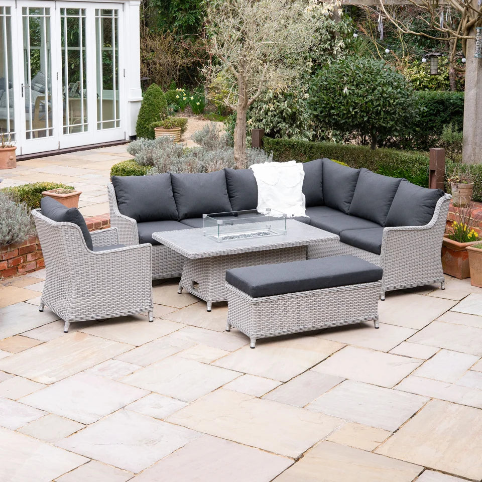 Talia L-Shaped Corner Rattan Lounge Dining Set with Armchair and Bench - Right Handed Rising Gas Fire Pit Table in White Wash