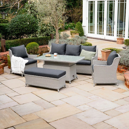 Talia 3 Seater Rattan Lounge Dining Set with 2 Armchairs and Bench - Rising Table in White Wash