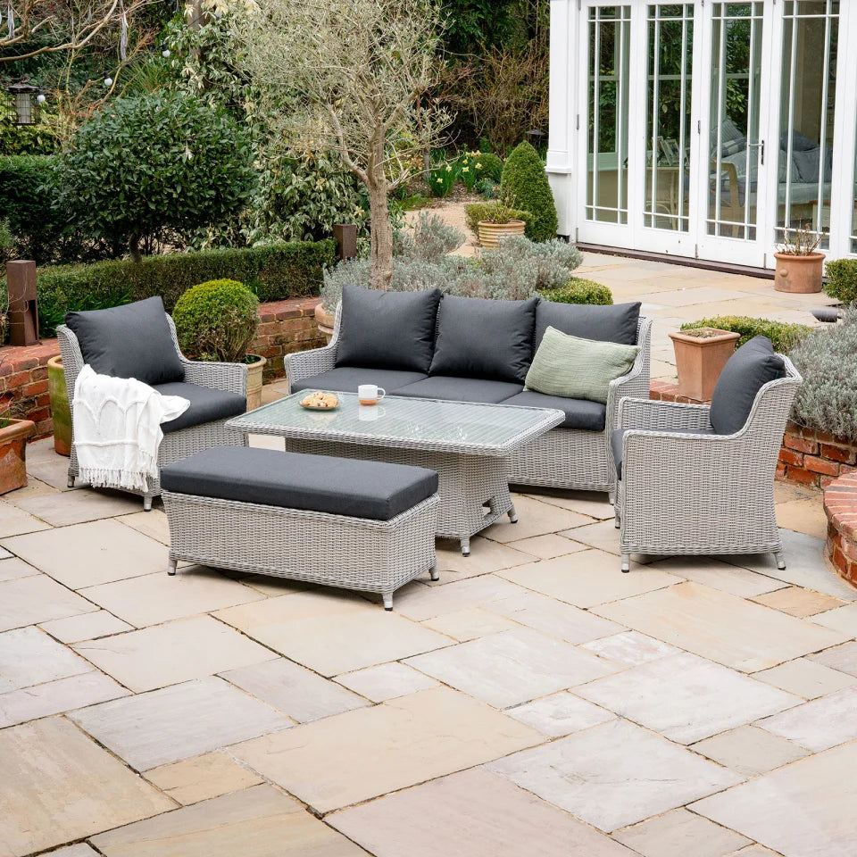 Talia 3 Seater Rattan Lounge Dining Set with 2 Armchairs and Bench - Rising Table in White Wash