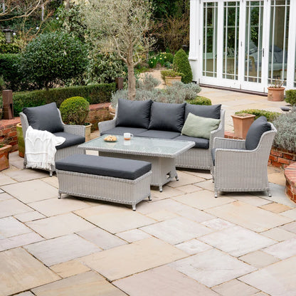 Talia 3 Seater Rattan Lounge Dining Set with 2 Armchairs and Bench - Rising Table in White Wash