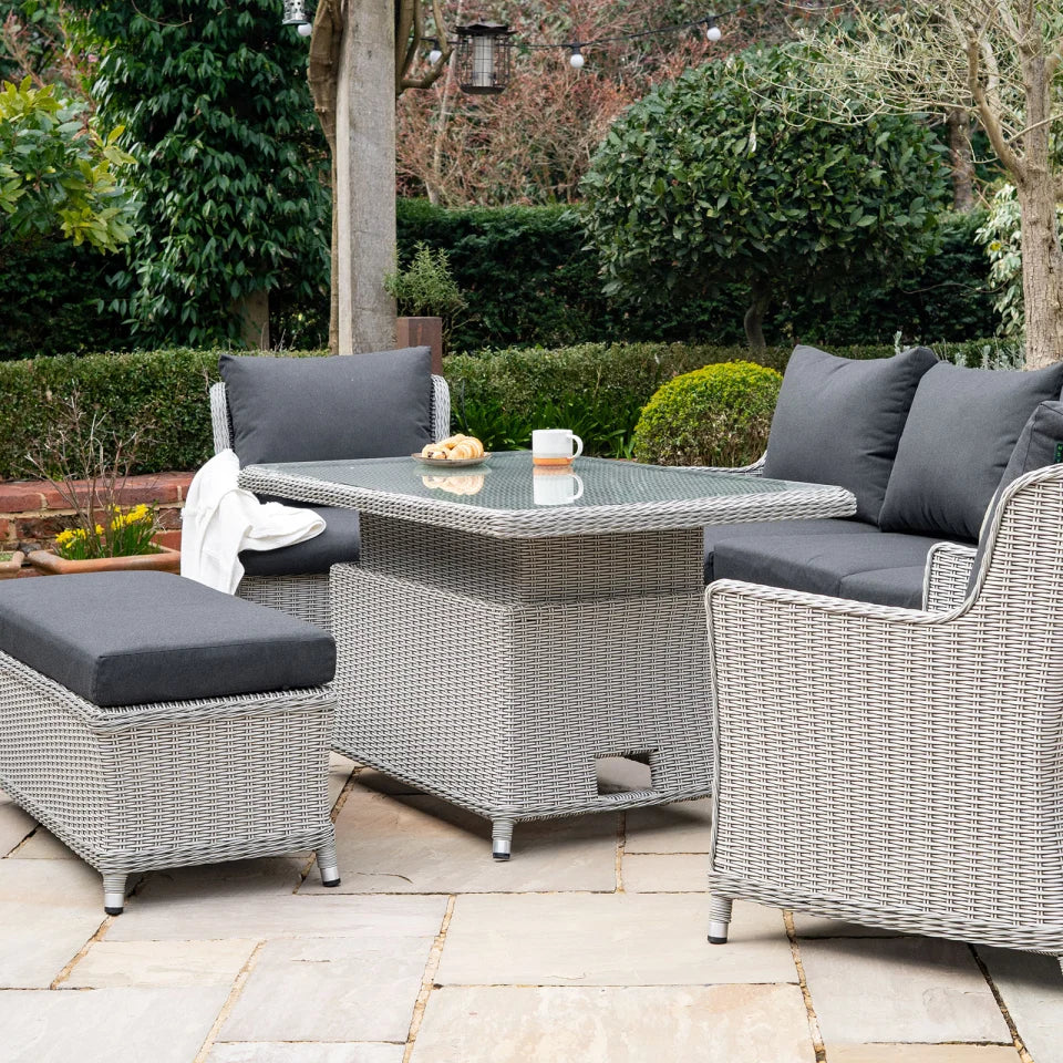 Talia 3 Seater Rattan Lounge Dining Set with 2 Armchairs and Bench - Rising Table in White Wash