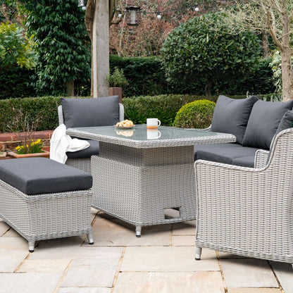 Talia 3 Seater Rattan Lounge Dining Set with 2 Armchairs and Bench - Rising Table in White Wash