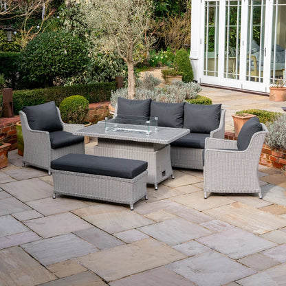 Talia 3 Seater Rattan Lounge Dining Set with 2 Armchairs and Bench - Rising Gas Fire Pit Table in White Wash