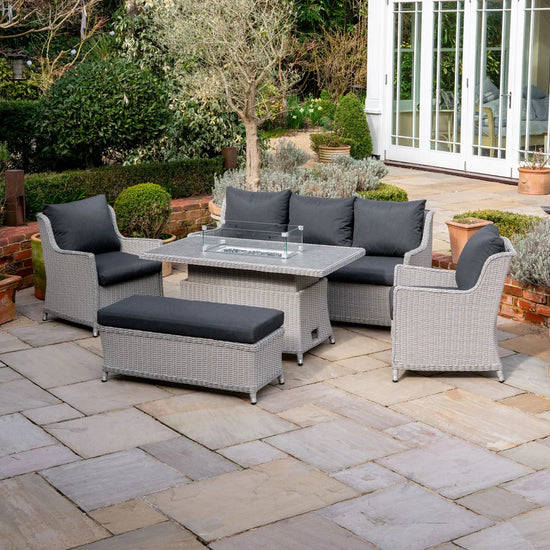 Talia 3 Seater Rattan Lounge Dining Set with 2 Armchairs and Bench - Rising Gas Fire Pit Table in White Wash