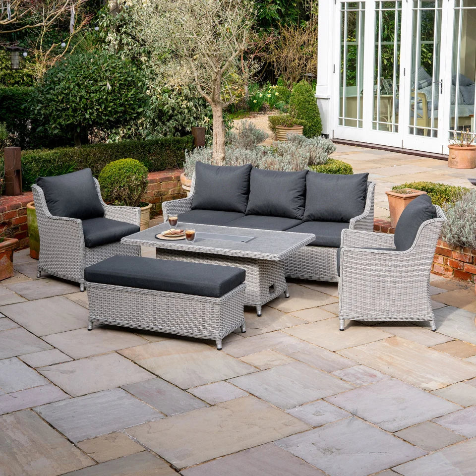 Talia 3 Seater Rattan Lounge Dining Set with 2 Armchairs and Bench - Rising Gas Fire Pit Table in White Wash